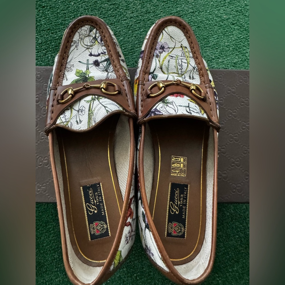 Gucci Brown and White Loafers with Leather Trim